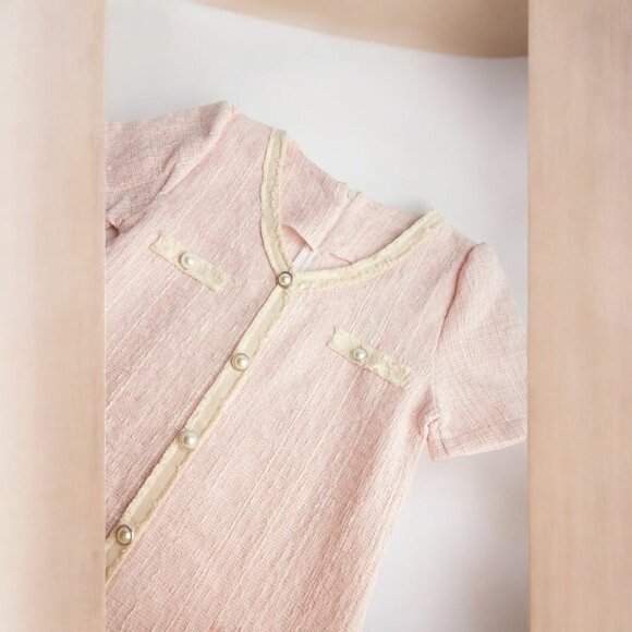 NWT J.ING Pink Button Detail V-Neck Short Sleeve Tweed Mini Dress - Picture 5 of 6